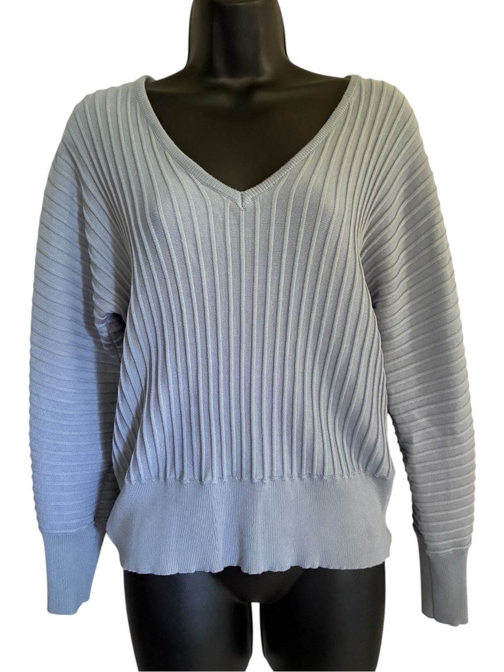 Coastal Grandma Basic Light Blue Gray V-Neck Ribbed Pullover Sweater Sz M